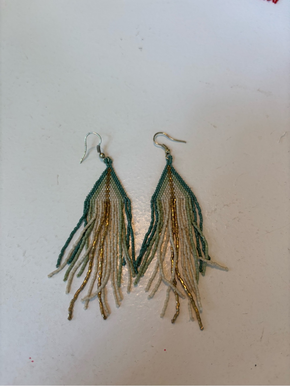 Handmade Teal, Gold & Cream Beaded Fringe Earrings